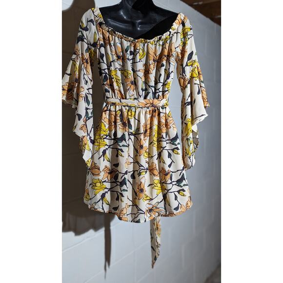 Essue Floral Print Dress Bell Sleeve Off Shoulder Tie Waist Mini Dress Small - Picture 6 of 8